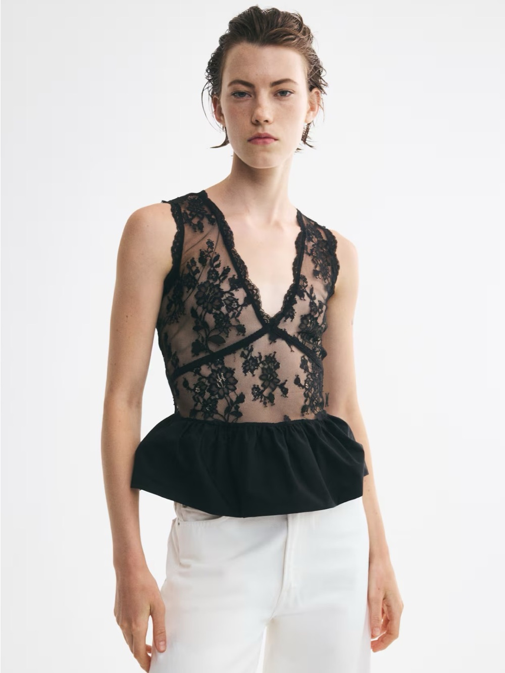 H&M NWT BLACK DUAL-FABRIC PEPLUM TOP